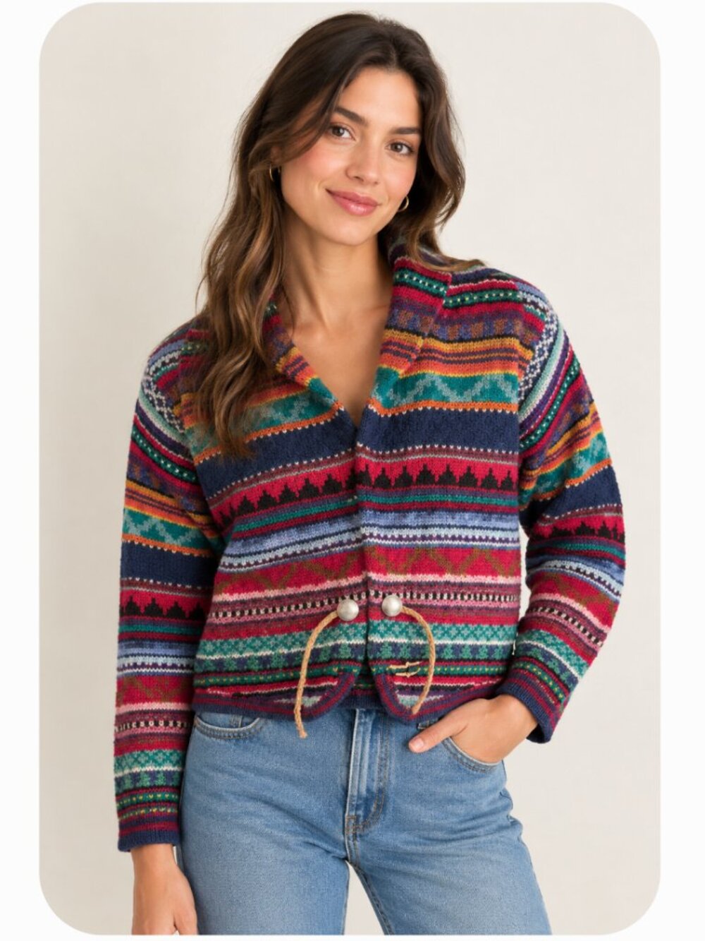 VTG 90s Casual Corner Shetland Wool Knit Sweater Stripes Abstract Southwestern S